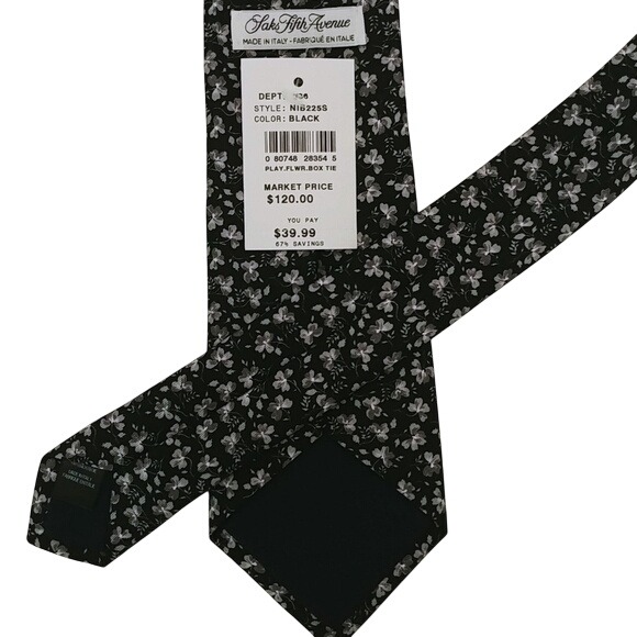 Saks Fifth Avenue Necktie Men Os Black Floral Silk Made In Italy Nib225s New — image 2 of 6